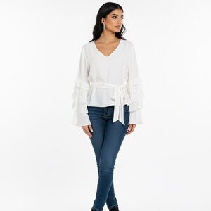 Impulsive White Long Ruffle Sleeve V Neck Women S Romanic Belted Pullover Blouse